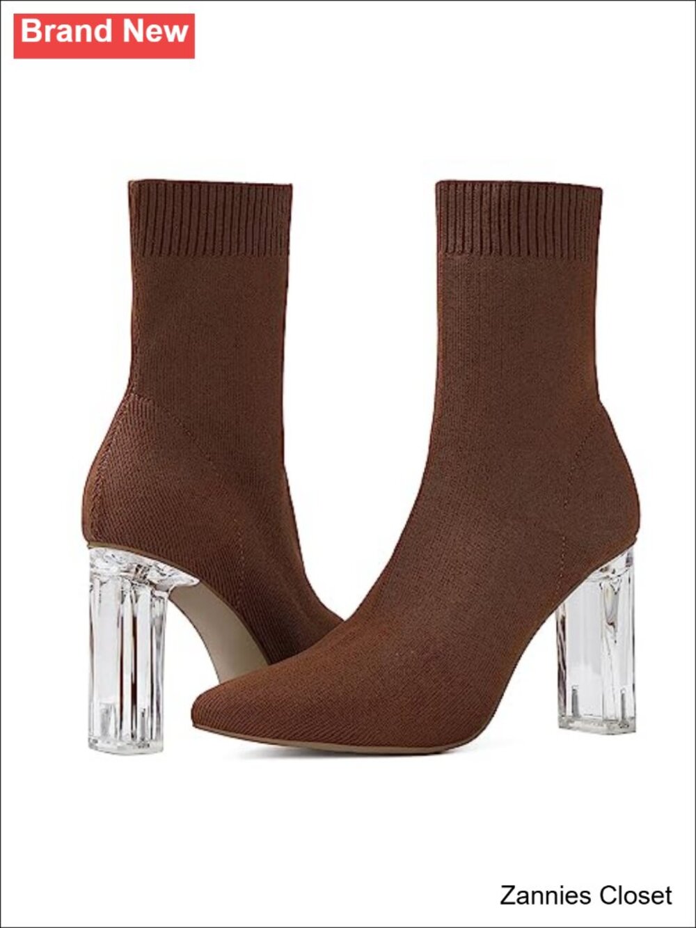 ✨ Women's Knit Sock Ankle Boots Pointed Toe Clear Mid Heel Slip-On Stretch